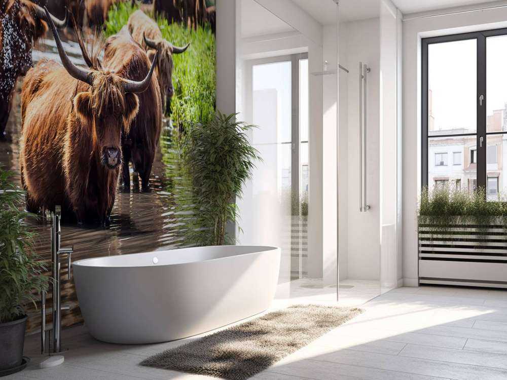 Schotse Hooglanders in het water