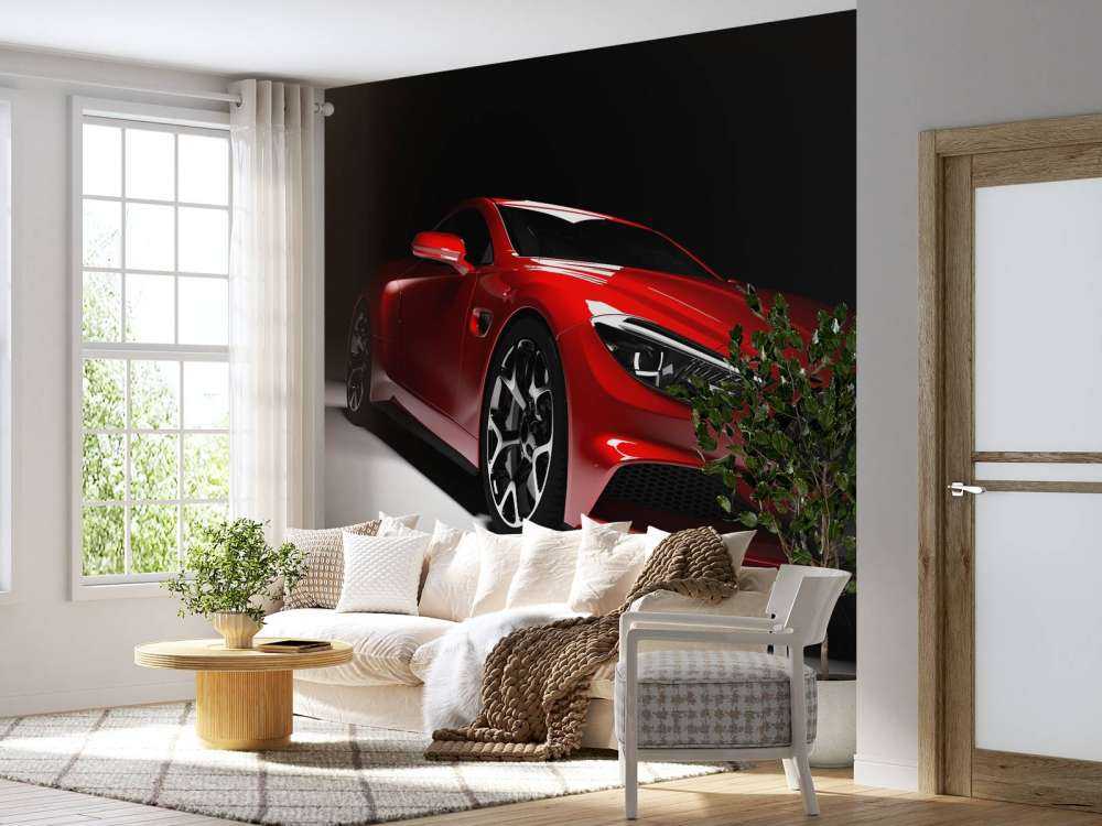 Rode sportauto in een donkere ruimte