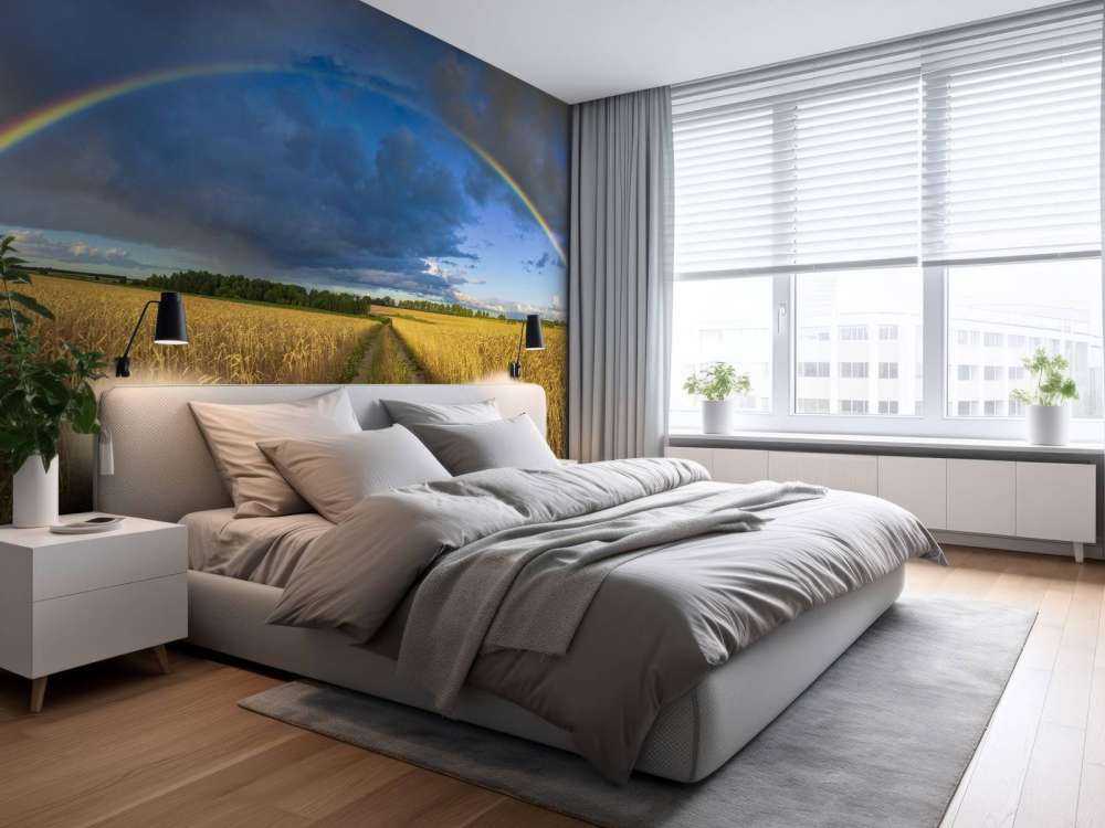 Regenboog over een graanveld