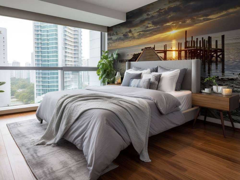 Houten steiger met zonsopkomst