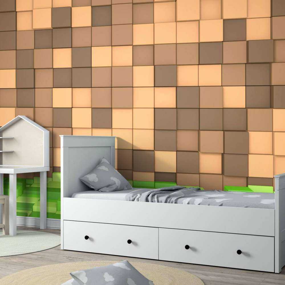 3D Minecraft landschap met bruine blokken