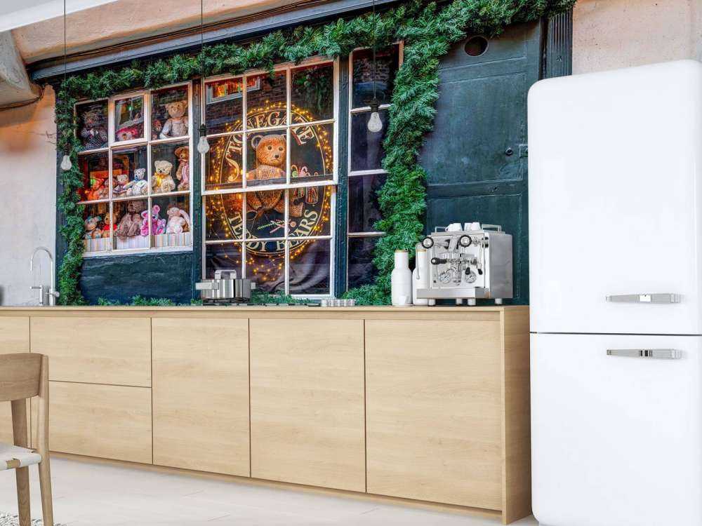 Nostalgische teddybeerwinkel met kerstgroen