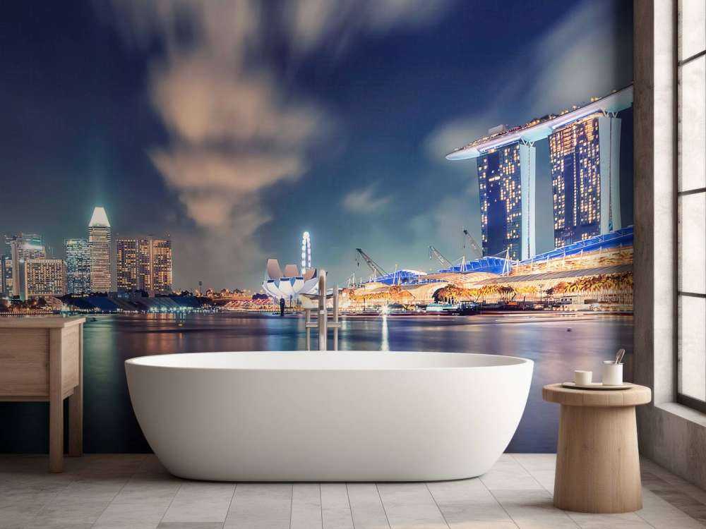 Waterfront skyline met futuristische lichten