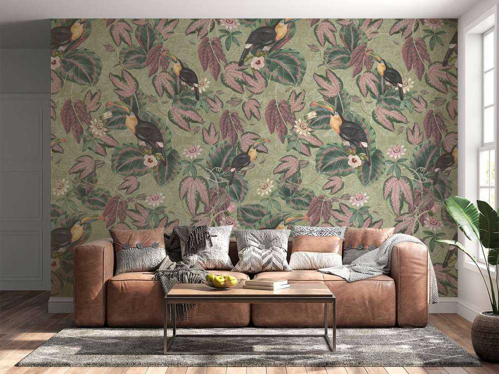 Tropische Jungle vogels & Toekans - salie groen