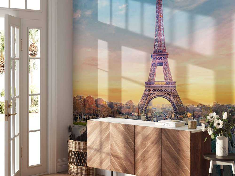 Verlichte Eiffeltoren bij zonsondergang