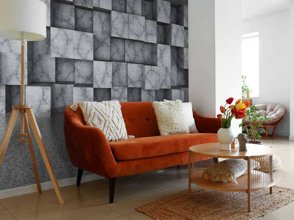 Betonnen ruimte met kubussen tegen de muur