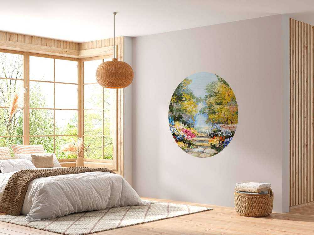 Olieverfschilderij van een parkje met bloemen