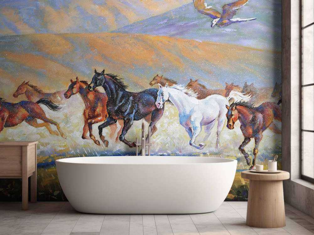 Schilderij van paarden en een vliegende adelaar