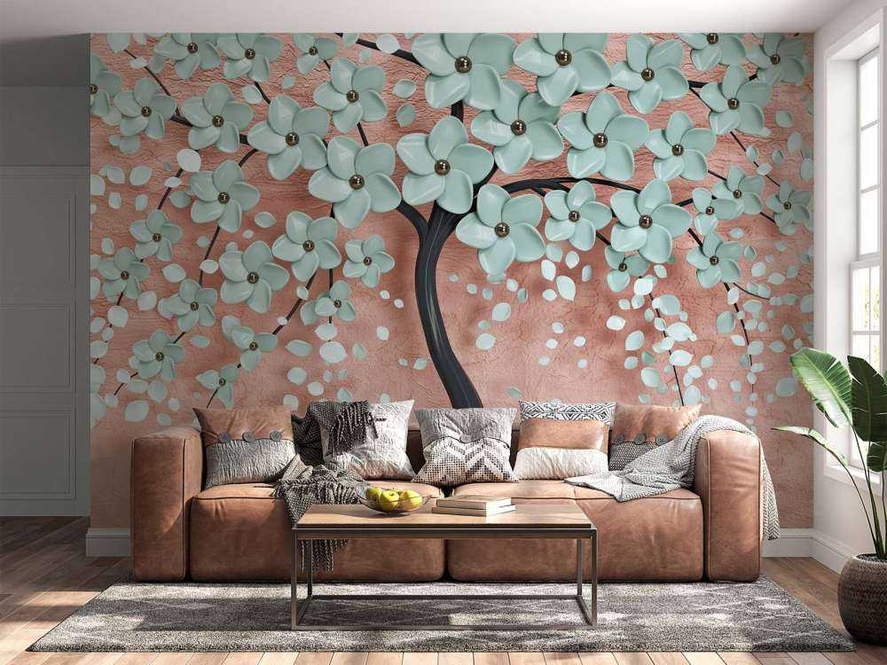 Zwarte fantasieboom met mintkleurige bloemen