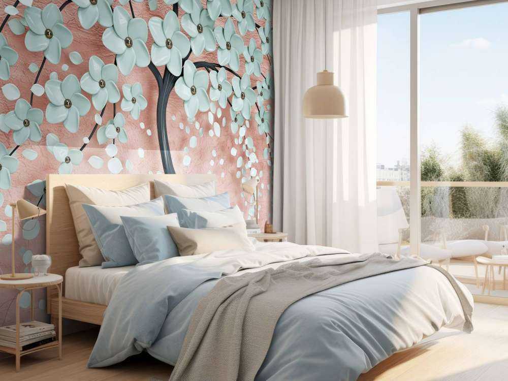 Zwarte fantasieboom met mintkleurige bloemen