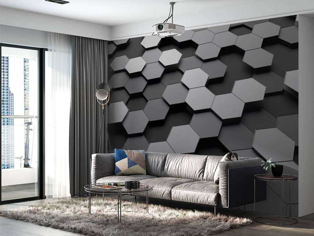 3D weergave van zeshoeken in zwart-wit