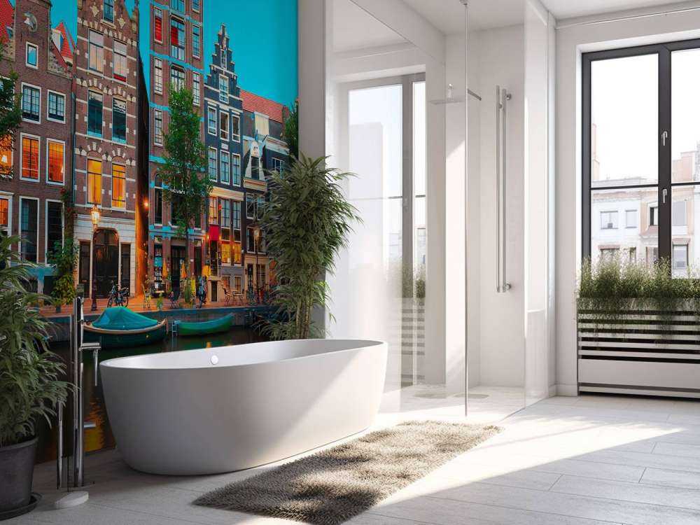 Amsterdamse grachtenpanden in de avond