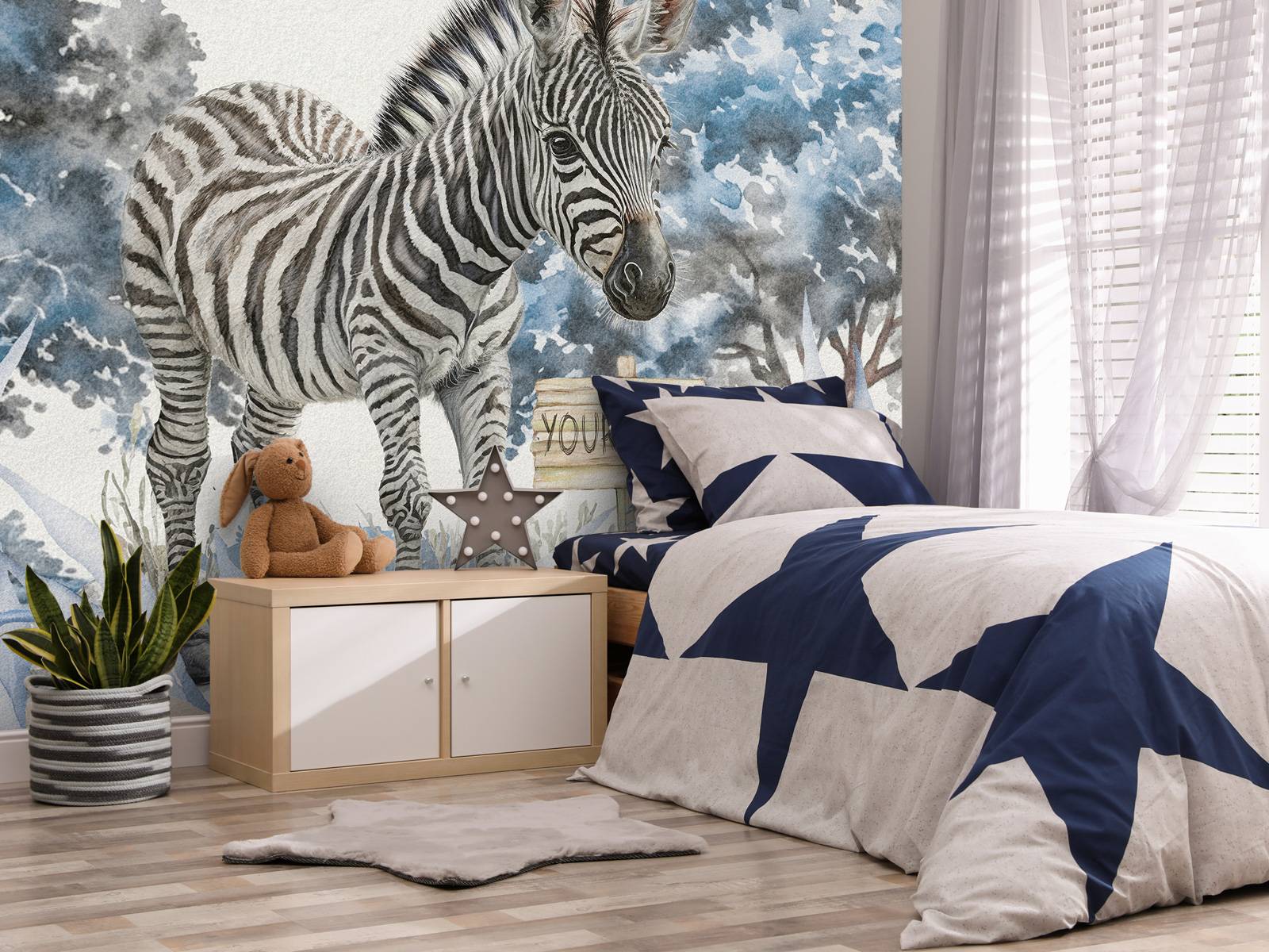 Jonge zebra in de natuur blauw