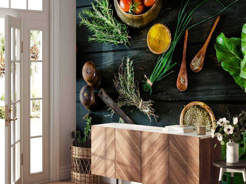 groenten en kruiden op hout