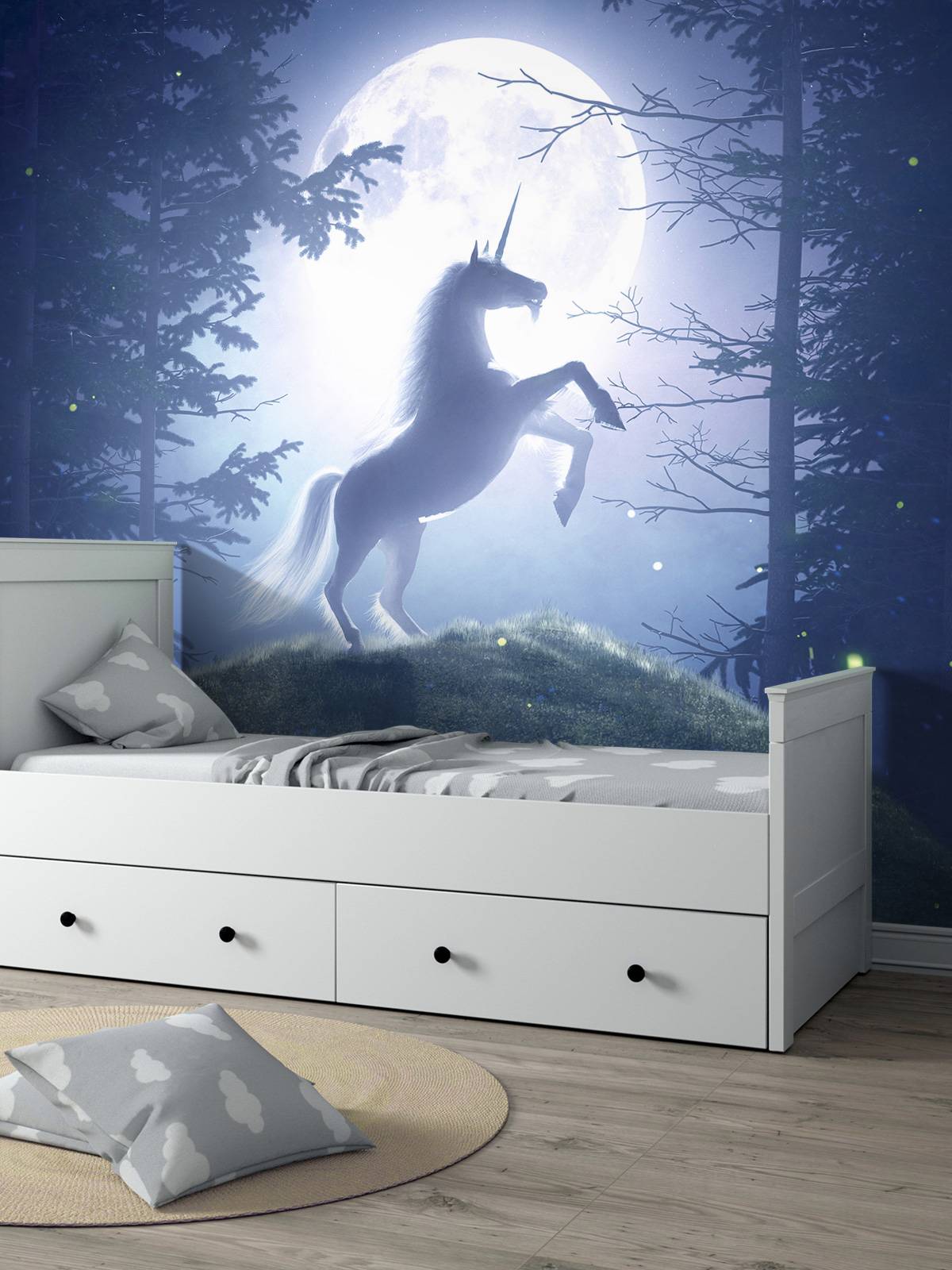 Unicorn bij volle maan - Fotobehang, image size:1200x1600