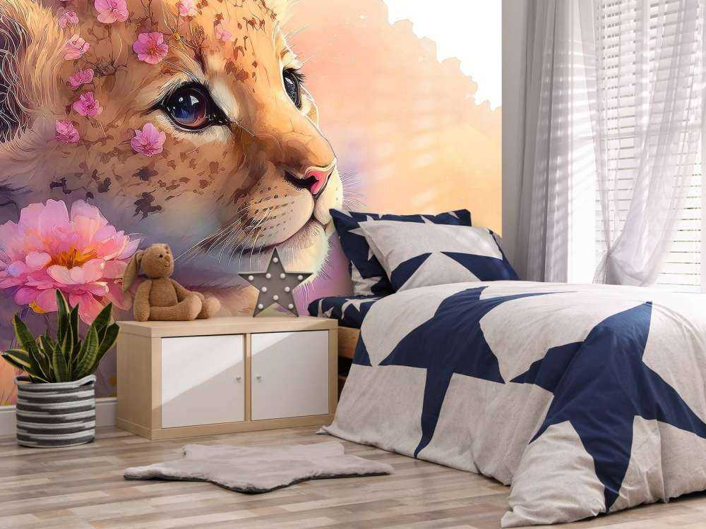 Dromerige welp tussen de bloemen