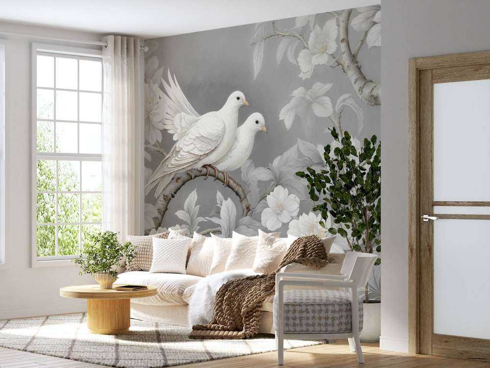 Witte duiven met magnoliabloesem