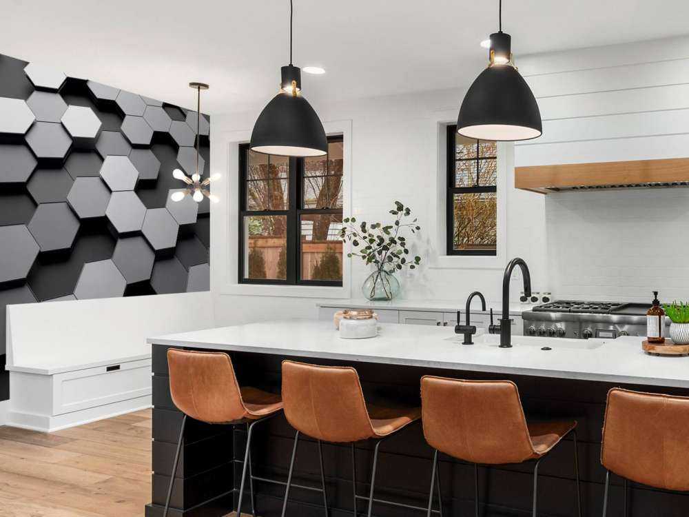 3D weergave van zeshoeken in zwart-wit