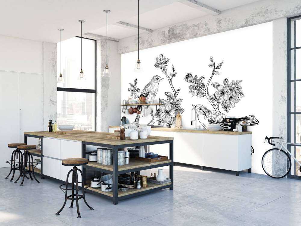 Tekening van vogels op een tak met appelbloesems