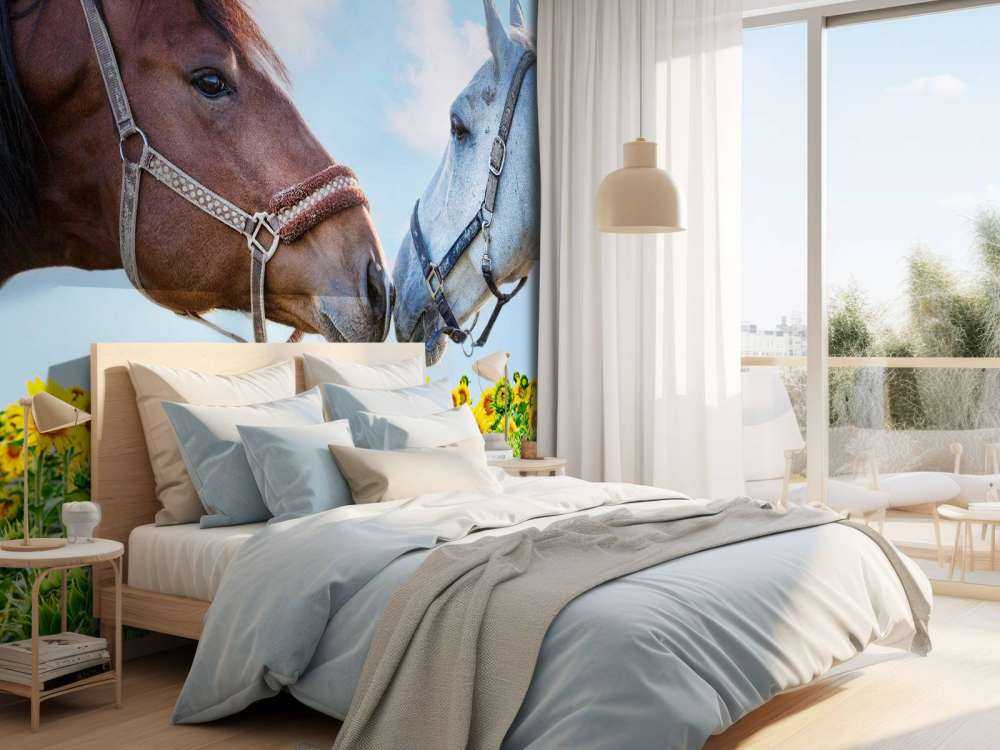 Liefdevolle paarden in een zonnebloemveld