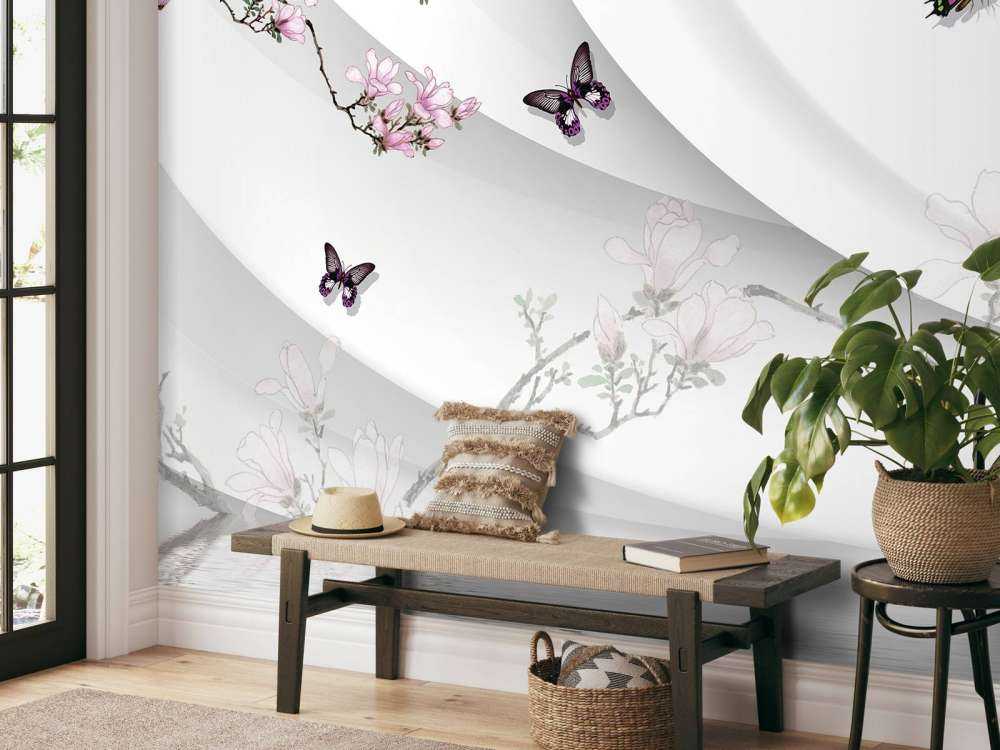 Witte 3D achtergrond met sierlijke bloesem