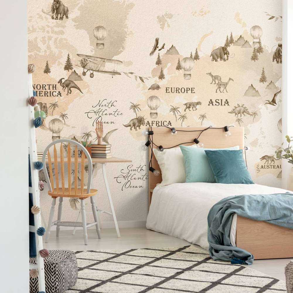 Wereldkaart met dino's beige