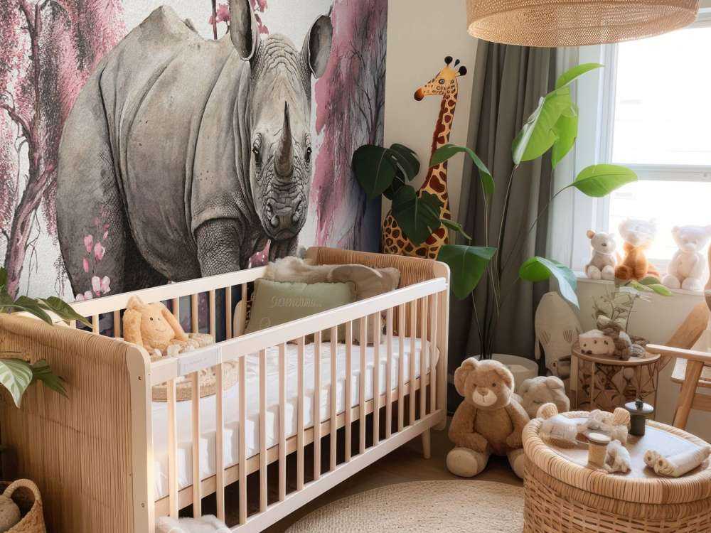 Baby neushoorn op de savanne roze