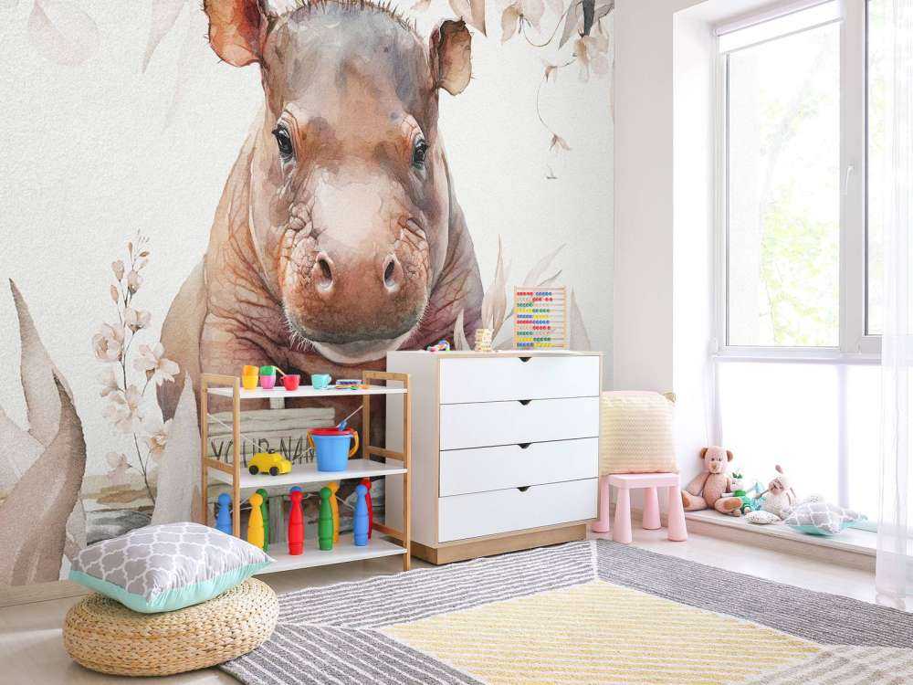 Baby nijlpaard in de bladeren taupe