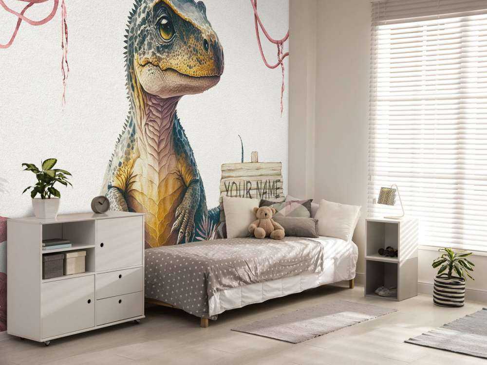 Baby t-rex in de jungle roze