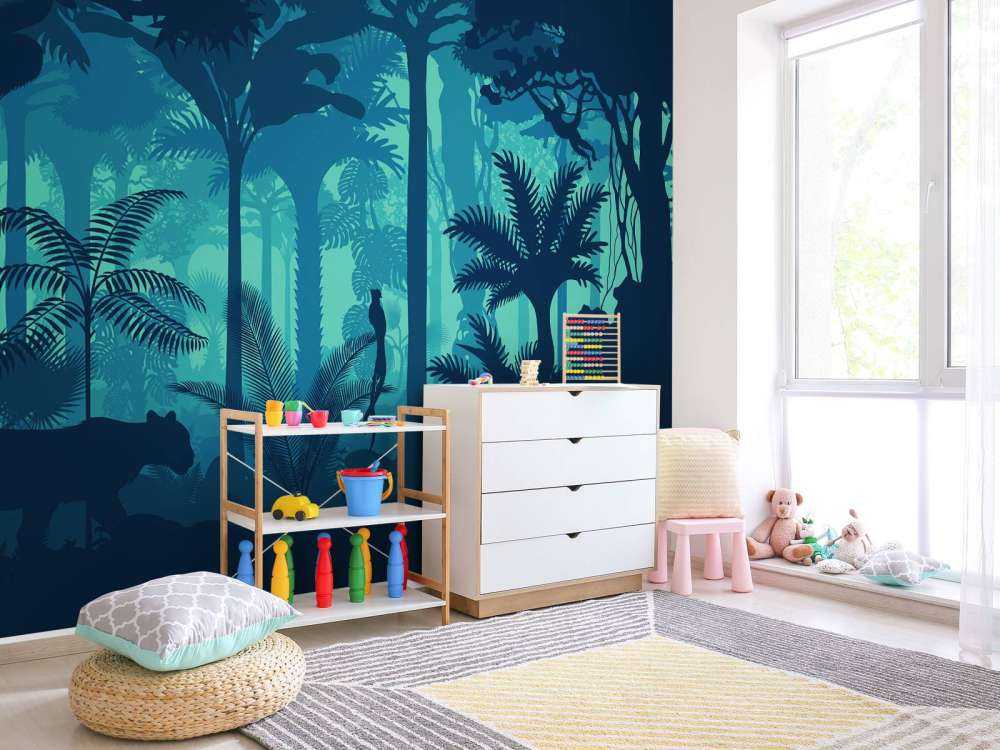 Blauwe jungle silhouetten