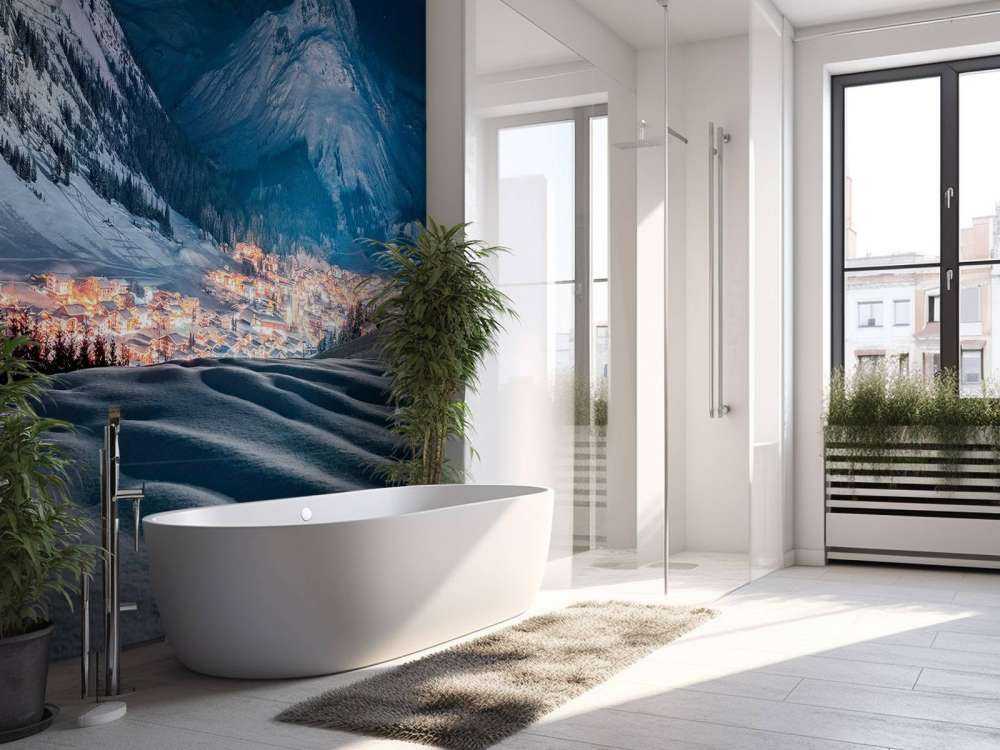 Winterdorp onder maanlicht in alpenvallei