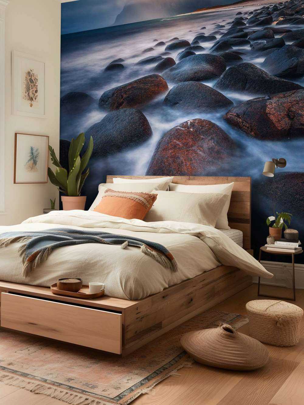 Avondlicht over ruige keienkust