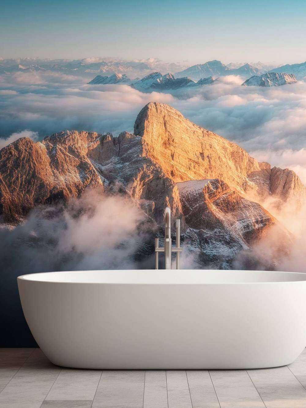 Gouden bergtop in ochtendmist