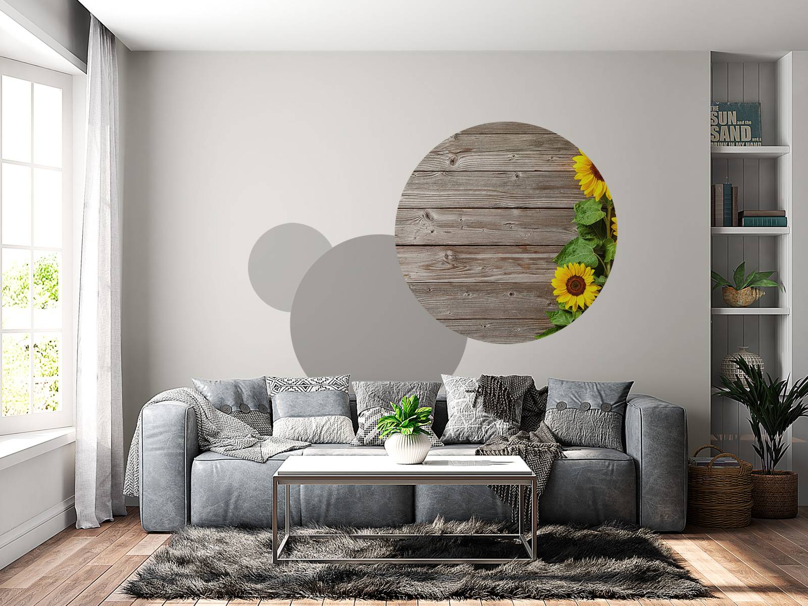 Zonnebloemen en hout