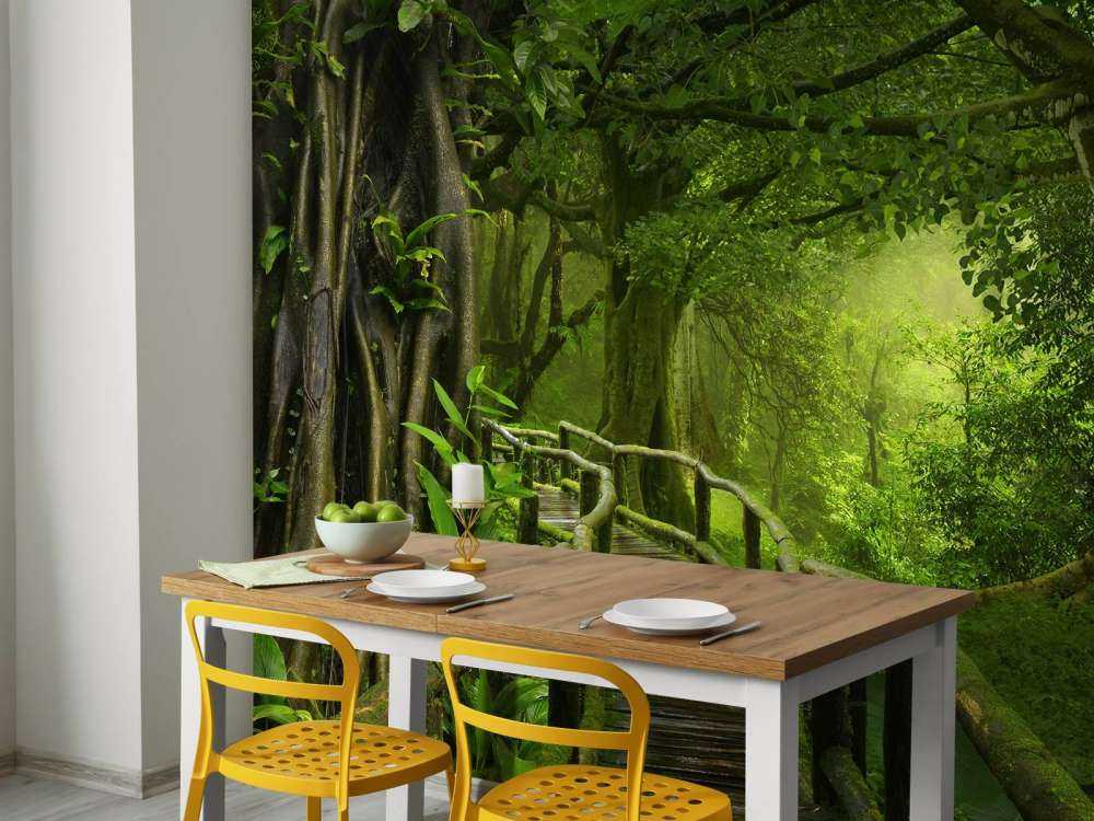 Houten brug door een groene jungle