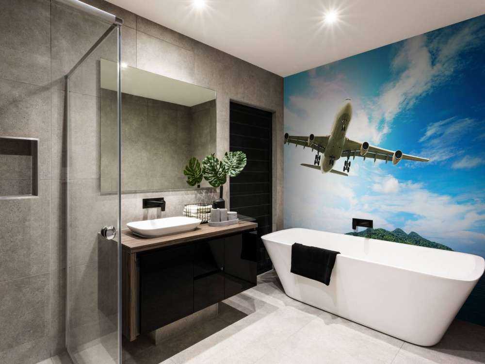 Passagiersvliegtuig boven een tropische zee