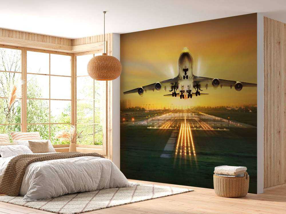 Passagiersvliegtuig stijgt op bij zonsondergang