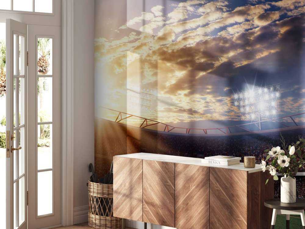 Honkbalstadion bij zonsondergang