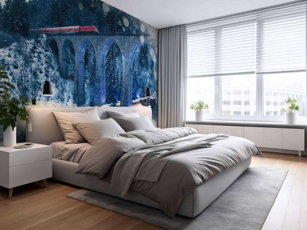 Rode trein boven een kerstmarkt