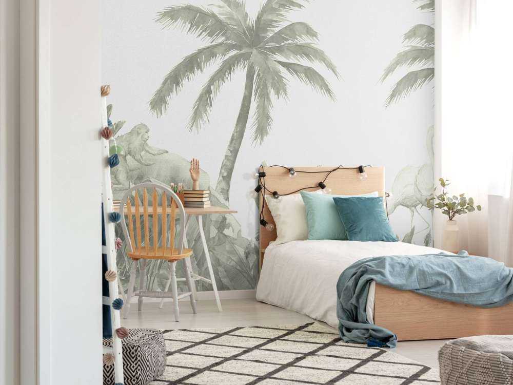 Apen en flamingo's in groen