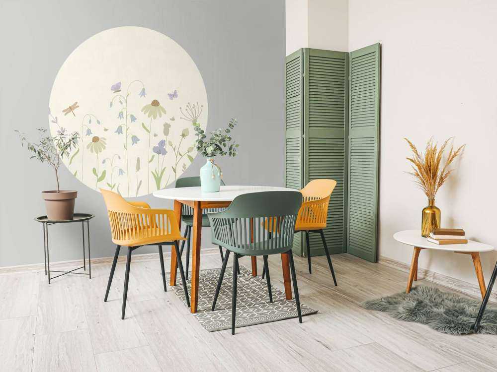 Bloemenveld hoog met vlinders beige, oud roze, groen en lila