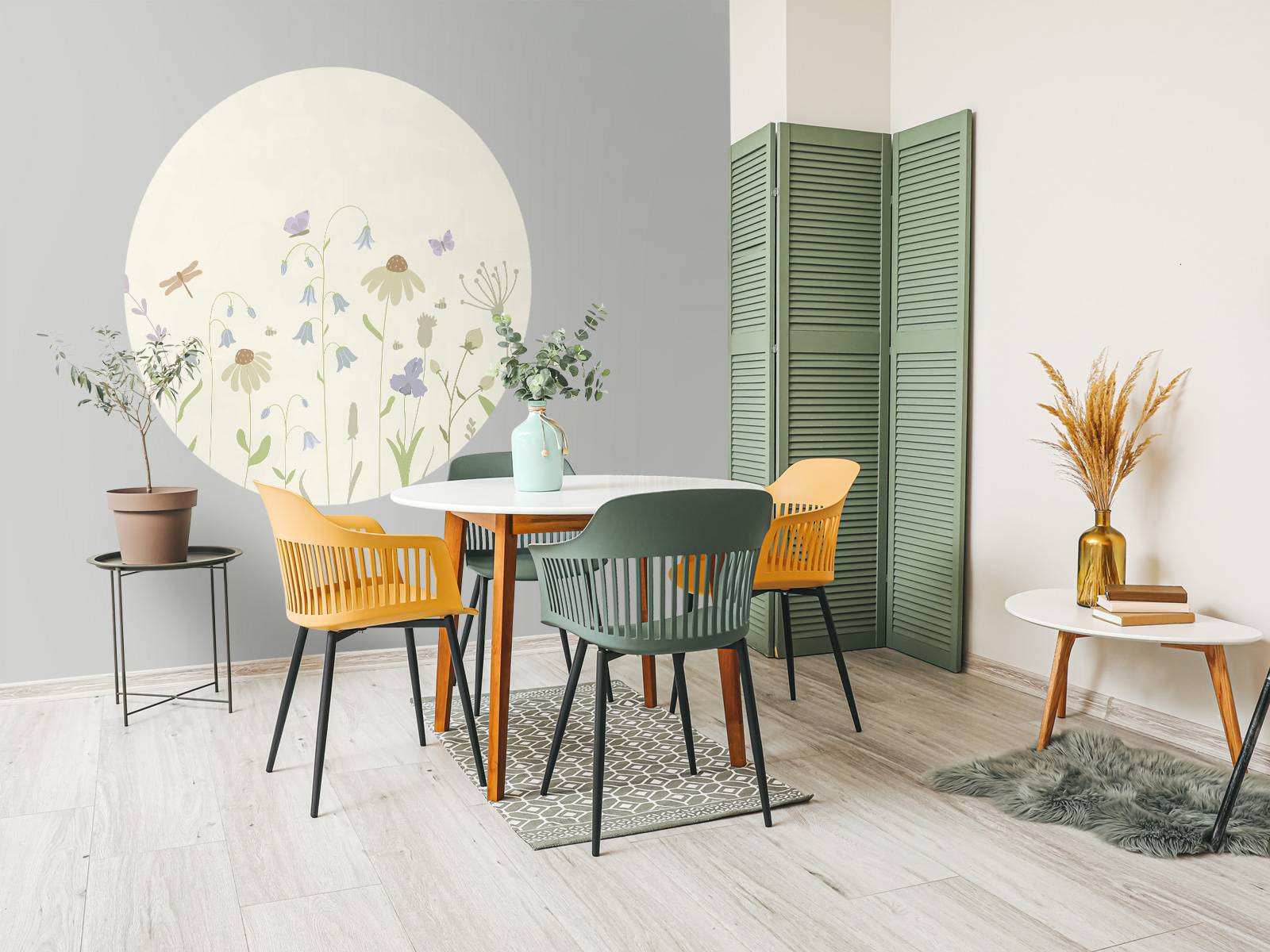 Bloemenveld hoog met vlinders beige, oud roze, groen en lila