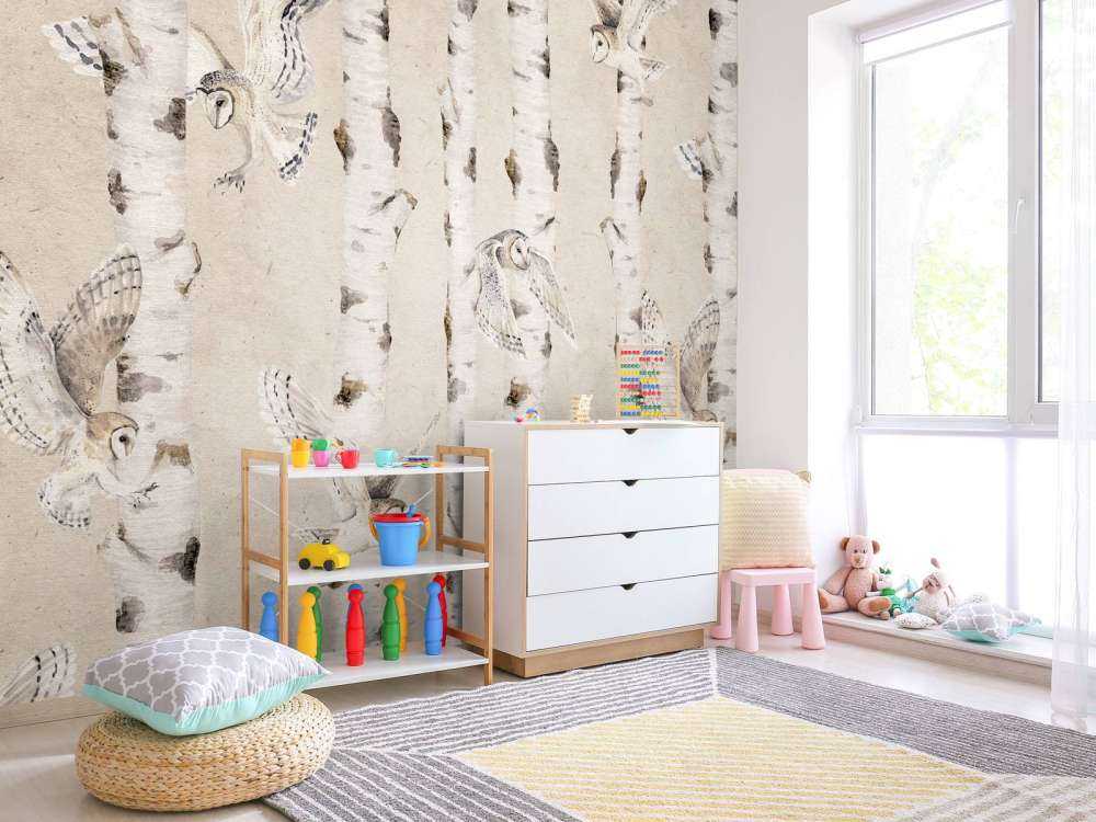 Birch and Owls - Beige