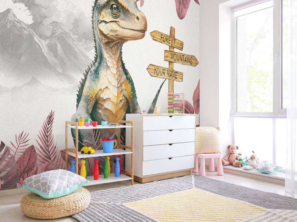 Baby velociraptor in de jungle roze