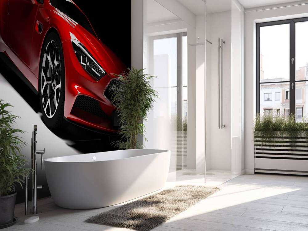 Rode sportauto in een donkere ruimte