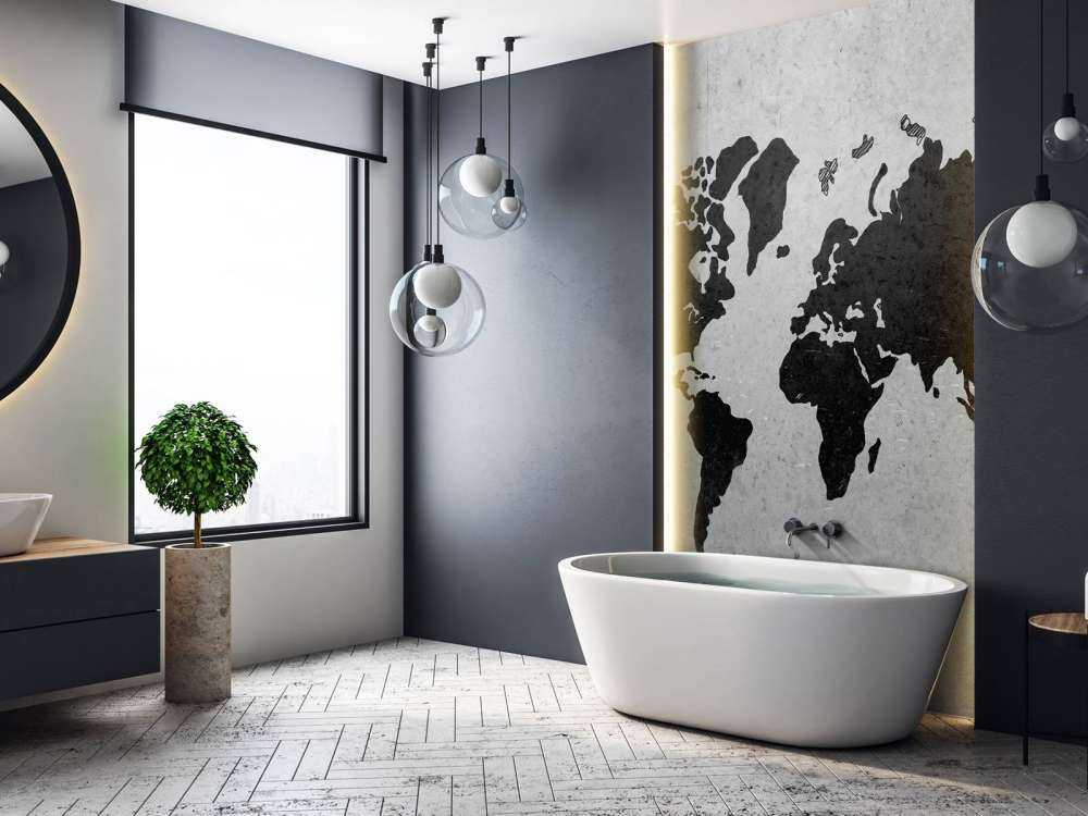 Zwarte wereldkaart op een betonnen muur