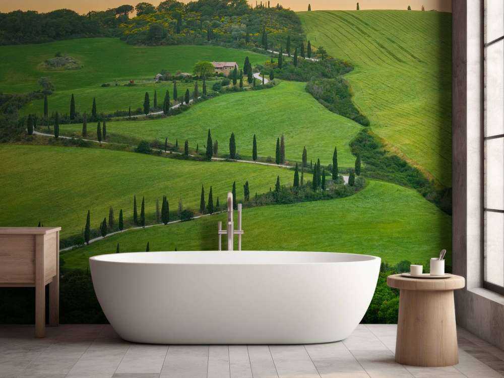 Slingerweg met cipressen