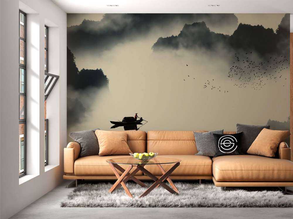 Bootje in mistig landschap