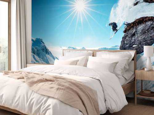Vrije sprong in zonovergoten sneeuwlandschap