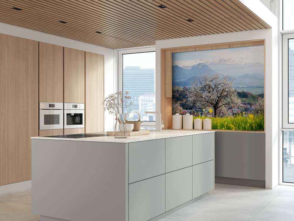 Bloesemboom in bergdal bij lentezon